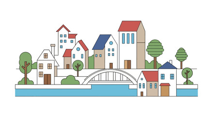 A charming minimalist illustration of a European-style town with colorful houses, a bridge over a river, and green trees.