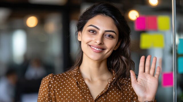 Young Indian woman waving in office with sticky notes