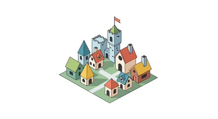 Isometric illustration of a charming, colorful cartoon village with various houses and a castle on a grid base.