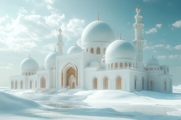 Fototapeta premium A white mosque stands out in the snow.