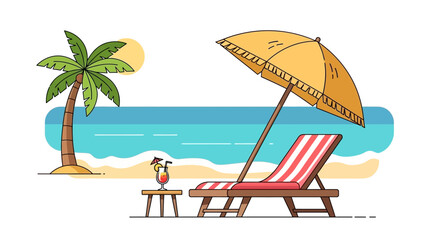 Beach scene with palm tree, ocean, sun, umbrella, deck chair, and cocktail.