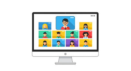 A computer monitor displaying a video conference with multiple participants.