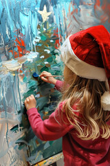 Little girl indoors at home at Christmas, painting pictures with christmas tree.
