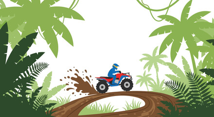 An illustration of a person riding an ATV on a muddy jungle trail. © Hadi
