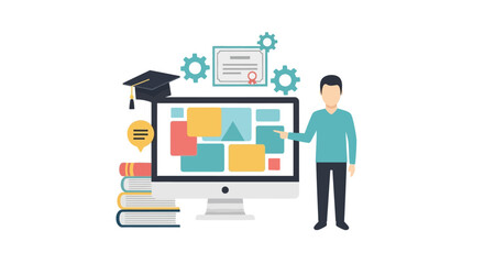 A person presenting educational content on a computer screen, surrounded by books, a graduation cap, and certificates.