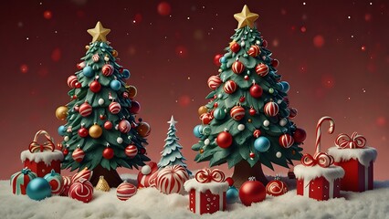 Obraz premium A festive display of decorated Christmas trees with red, blue, and gold ornaments, surrounded by gift boxes and candy canes in the snow. Christmas concept