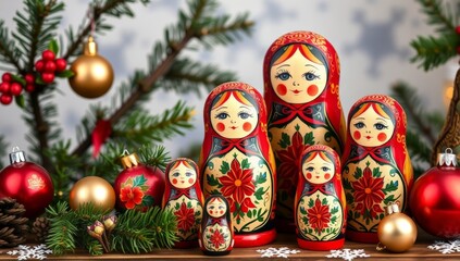 Fototapeta premium Russian matryoshka dolls in a festive Christmas setting with folk art style_12