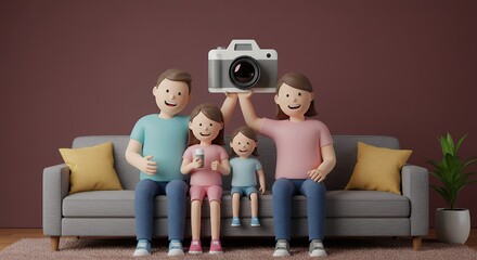 Cartoon family holding camera