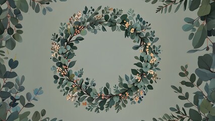 An elegant, hand drawn style wreath made of eucalyptus leaves and berries with copy space in the center on a solid color background. Christmas concept