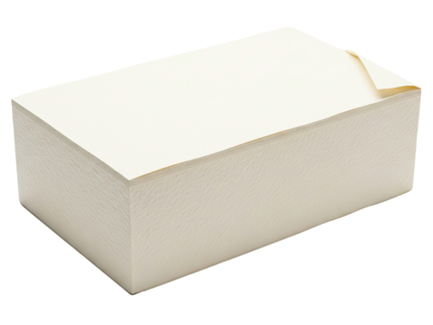 Thick rectangular block of blank off white memo paper sheets on a transparent background