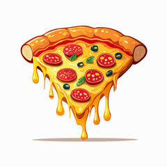 Cartoon Pepperoni Pizza Slice with Dripping Cheese and Olive Toppings.