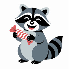 Cartoon Raccoon Holding a Red and White Striped Candy with Joyful Expression.