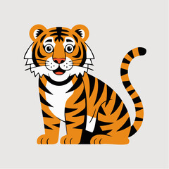 Cartoon Tiger Sitting with Striped Tail and Whimsical Expression.
