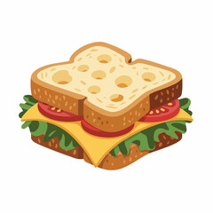 Isometric Sandwich with Cheese Tomato and Lettuce on Square Bread.