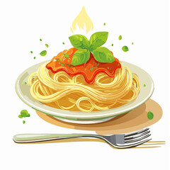 Stylized Spaghetti with Tomato Sauce and Basil Leaves on a Plate with Fork.