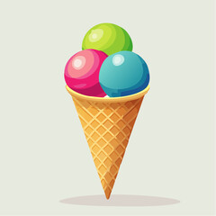 Cartoon Ice Cream Cone with Green Pink and White Scoops.