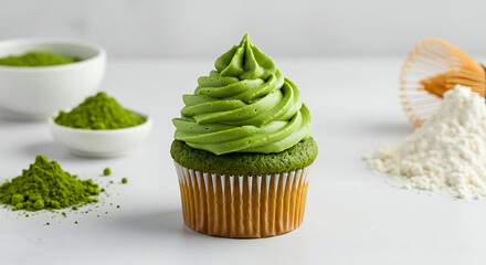 Matcha cupcake
"A decorated matcha cupcake with swirled green frosting, bright light, centralized and on minimalist counter top with ingredients on side.