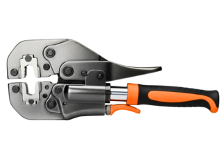 Professional crimping plier tool for electrical wire connectors on a transparent background