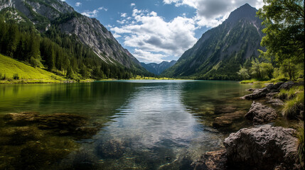 Alpine landscape with Plansee lake and forested hills