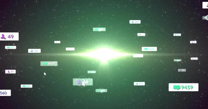 Faint green glow appearing in space, UI icons drifting, orbiting, merging into burst showing data