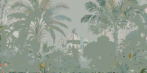 Muted tropical landscape with architectural domes and palm trees in a dreamy impressionistic style © Roni