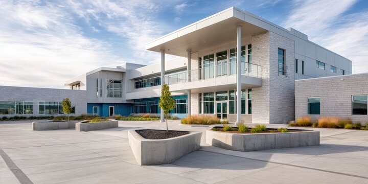 Modern School Building with Spacious Courtyard Professional Educational Facility for Academic Excellence and Institutional Marketing Campaigns