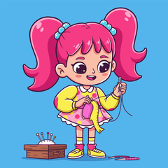 Smiling girl with pink pigtails sewing pink fabric, wearing polka-dot shirt and apron dress.