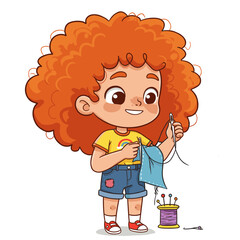 Smiling child sewing blue fabric, wearing rainbow shirt and patched shorts.