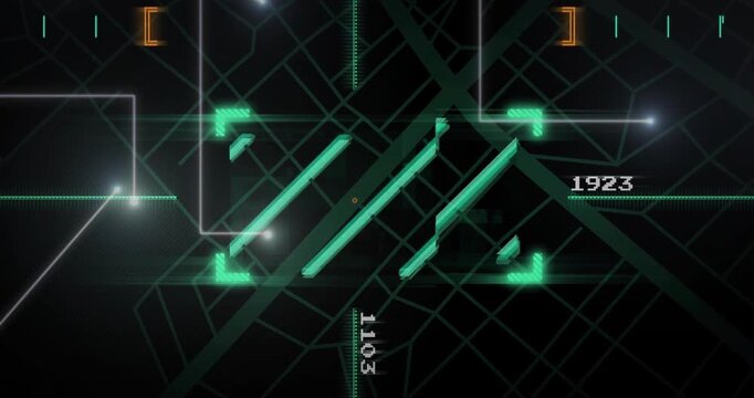 Interface loading HUD, neon bars pulsing, reticle targeting, readout updating, locking for mapping