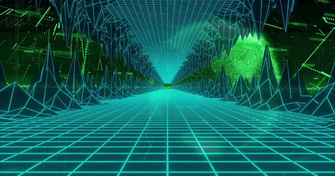 Data sphere emerging from right wall pulsing fragmenting while vehicle receding wireframe tunnel