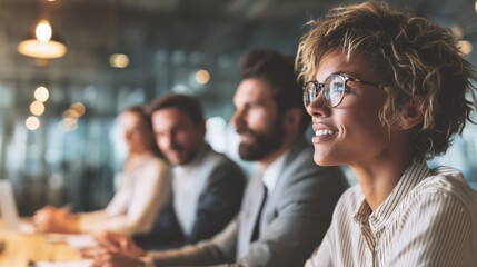 Team Meeting in Modern Nordic Office with Warm Light Side View