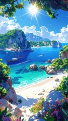 Sunny Mediterranean beach scene. Lush, vibrant colors