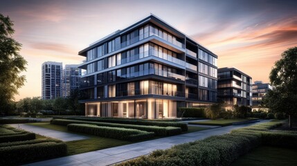 3D rendering modern apartment building sunset two-story structure Beautiful