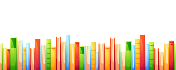 A horizontal seamless pattern of stacked books in different colors. A vibrant design, perfect for a bookstore, library, literary event, or in store sales.
