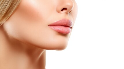 Fototapeta premium Elegant woman with vibrant pink lipstick, a captivating portrait on white background.