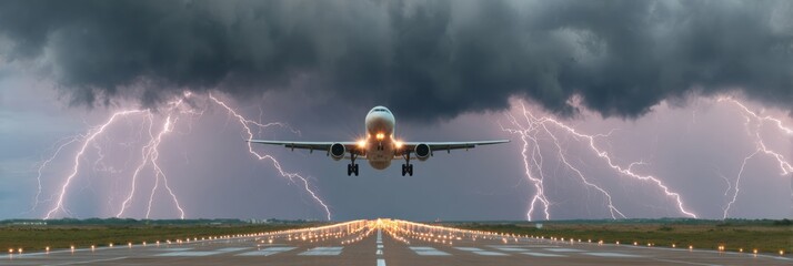 Dramatic Airplane Landing Amid Lightning Storm High-Quality Aviation Safety Visual for Corporate Marketing and Inspiring Airline Campaigns