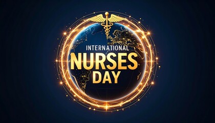 Global Nurses Day graphic.  World map, gold text, glowing rings, dark background.  Celebrating International Nurses Day