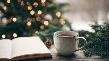 Obraz premium Christmas Digital Detox, enjoying tea and fresh pine aroma while journaling beside the tree, disconnected from noise and screens.