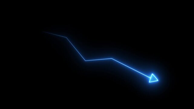 Glowing pink neon arrow tracing a downward jagged line animation on a black background, financial loss, market crash, economic decline, or business crisis