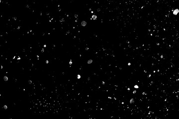 Abstract black and white image of floating translucent bubbles in dark space.