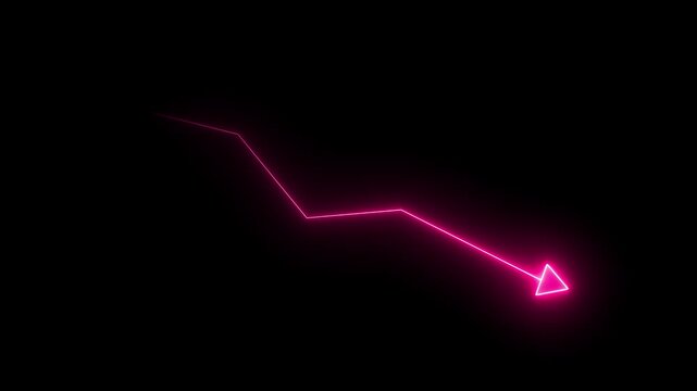 Glowing pink neon arrow tracing a downward jagged line animation on a black background, financial loss, market crash, economic decline, or business crisis