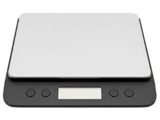 Digital kitchen food scale with a stainless steel weighing surface on a transparent background