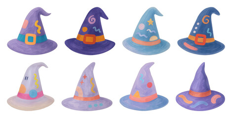 Fototapeta premium PNG Colorful whimsical witch hats illustration, element set on transparent background