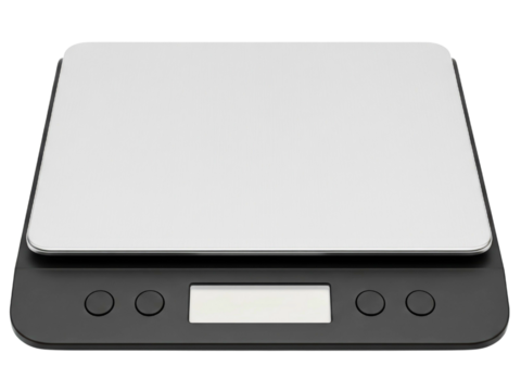 Digital kitchen food scale with a stainless steel weighing surface on a transparent background - Powered by Adobe