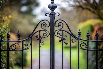 Black wrought iron gate ornate design is center metal