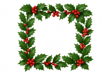 Holly and berries composing a festive christmas frame with green leaves and vibrant red fruit on transparent background