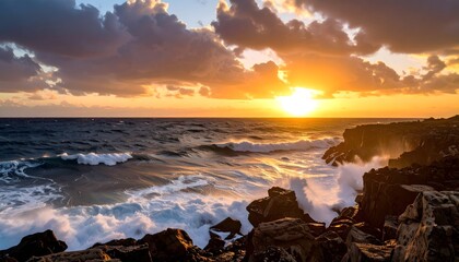 A breathtaking shot of a dramatic sunset over a rocky coastline, with vibrant orange and yellow light illuminating the turbulent sea and waves crashing against the jagged cliffs.
