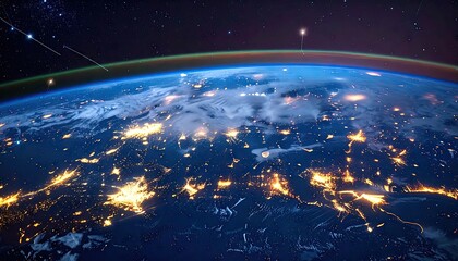 Earth at night, seen from space, with city lights
