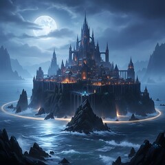 A magnificent, gothic-style fortress city, perched atop an island, glows with warm light under a night sky.