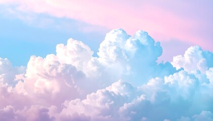 A serene and beautiful horizontal shot of fluffy cumulus clouds bathed in soft pastel colors of pink and blue, creating a dreamy and peaceful sky.